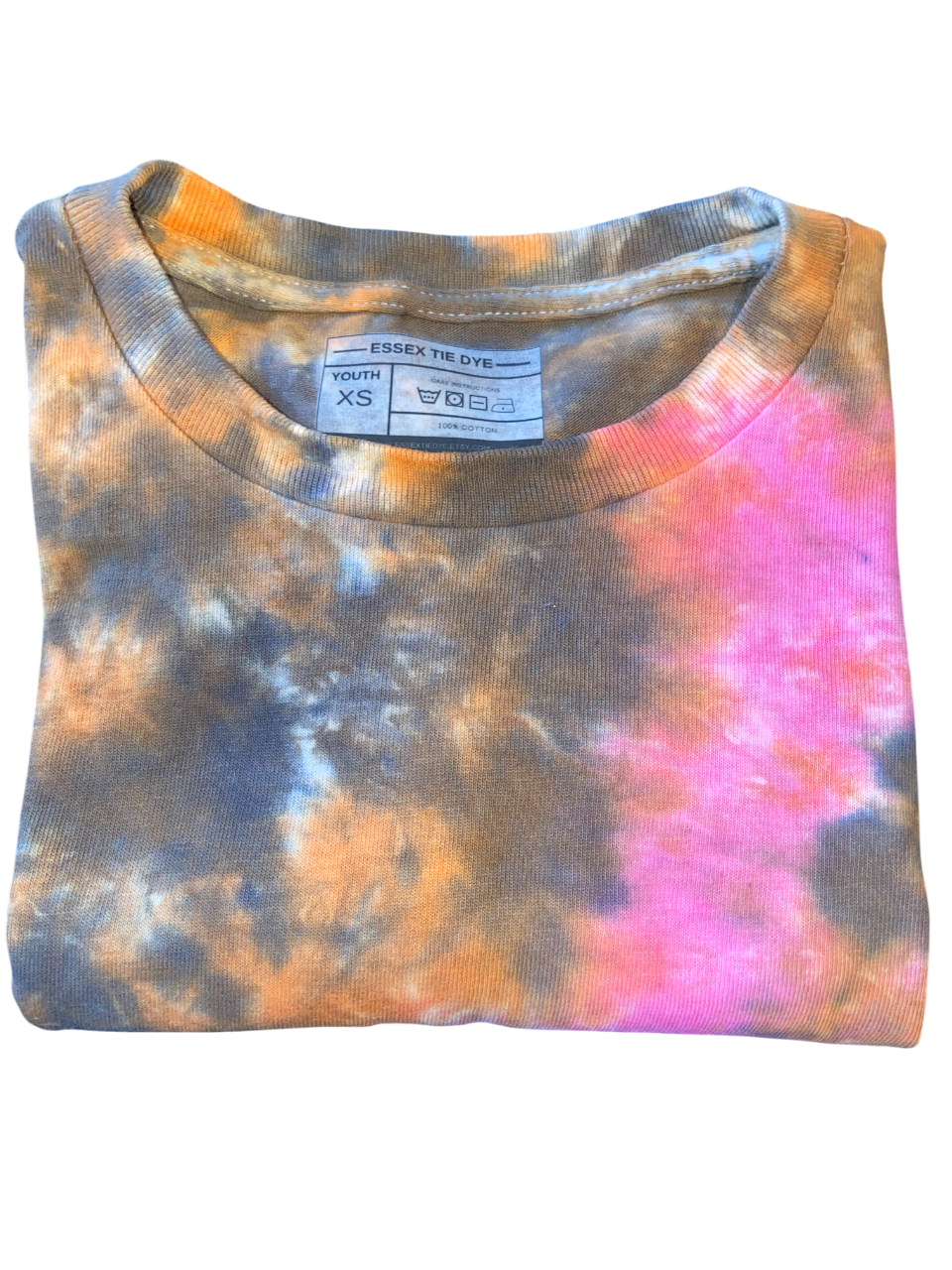 Tie-dye t-shirt with pink diagonal messy line like a space nebula with orange and black partterns each side