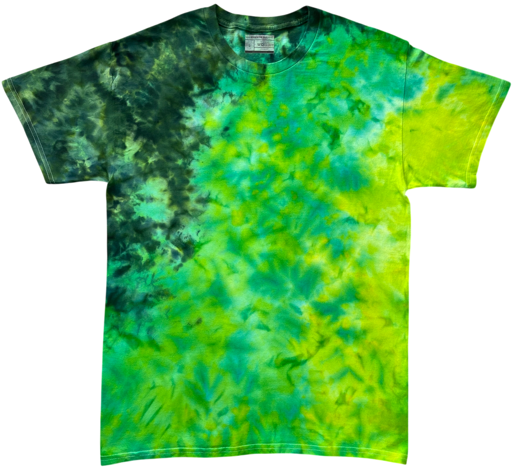 A short-sleeve crewneck tie-dye t-shirt featuring a vibrant green and yellow pattern with dark green shading on the left side, displayed flat against a white background.