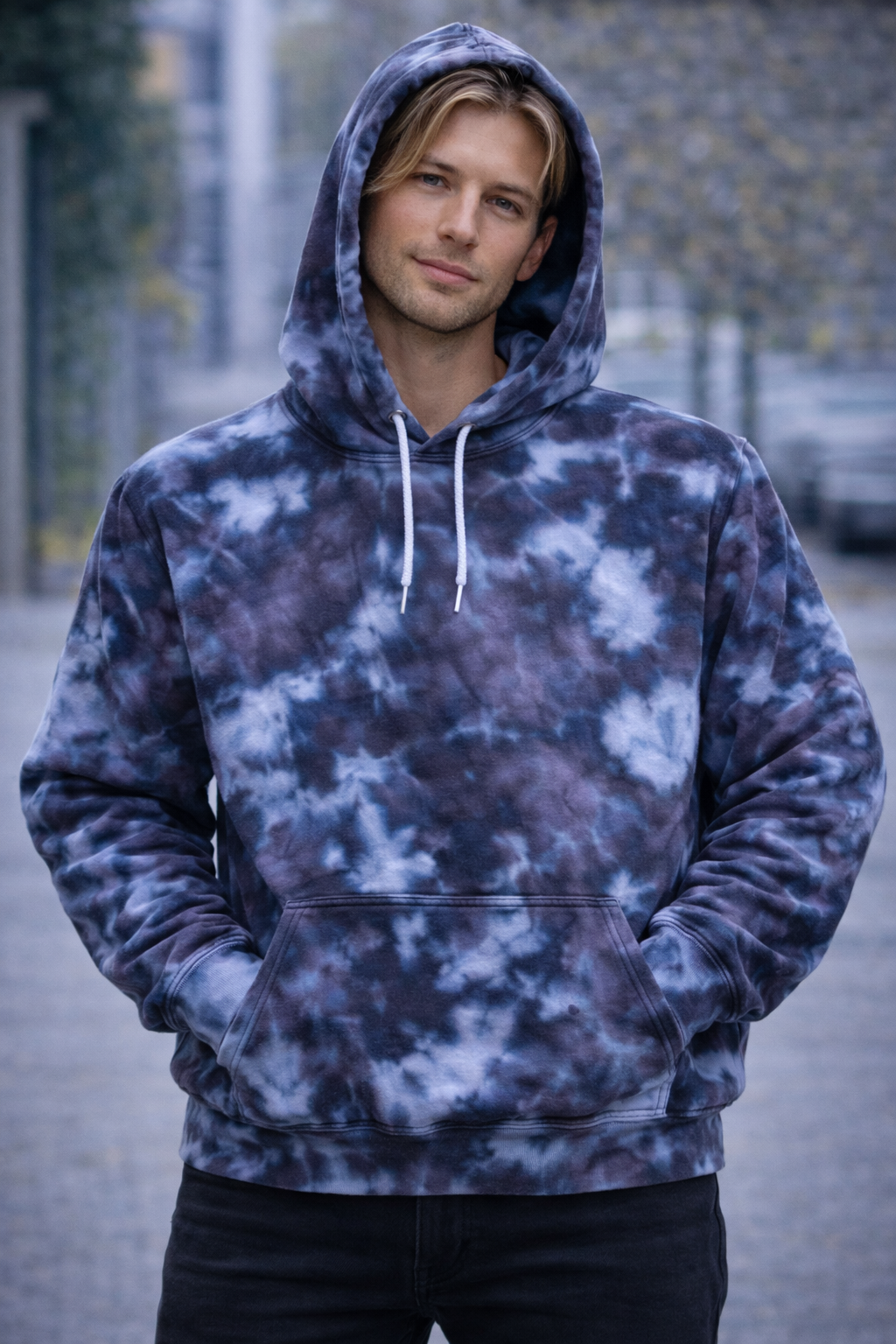 Person wearing a blue tie-dye hoodie outdoors. Snow Maiden Ice Dye Hoodie, Sweatshirt, Zip, Adult, Youth, Unisex, XS, S, M, L, XL, 2XL, 3XL, 4XL, 5XL, Dyed in the UK, Handmade to order