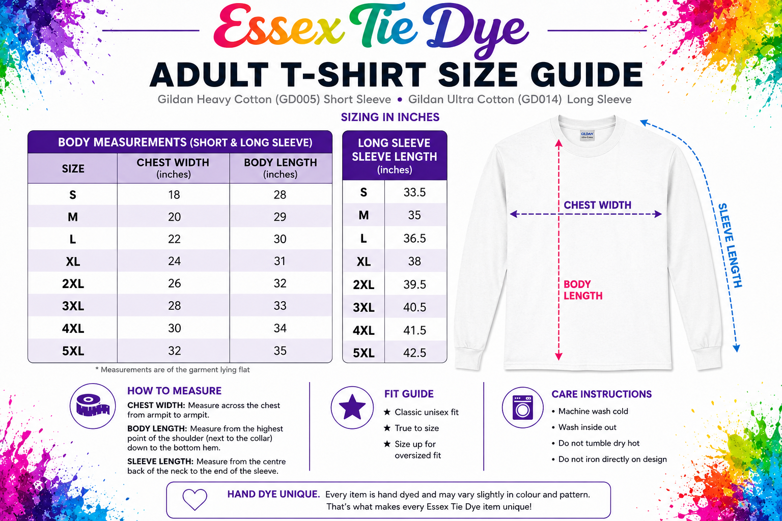 An Essex Tie Dye adult T-shirt size guide infographic featuring sizing tables for short and long sleeves, a color wheel, fit guide, and care instructions, alongside a white T-shirt diagram.