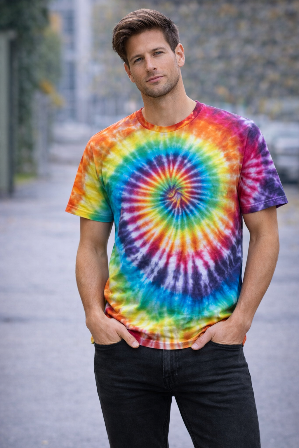 Man wearing a tie-dye shirt with a spiral pattern outdoors. Classic Spiral Tie Dye T-Shirt, Custom, Adult, Youth, Unisex, XS, S, M, L, XL, 2XL, 3XL, 4XL, 5XL, Dyed in the UK, Gift, Handmade to order