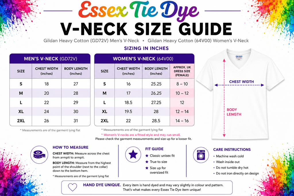 Essex Tie Dye V-neck size guide infographic for Gildan Heavy Cotton blends, showing size tables for men's and women's V-necks in inches, a white T-shirt diagram with chest width and body length measurements, and care instructions.