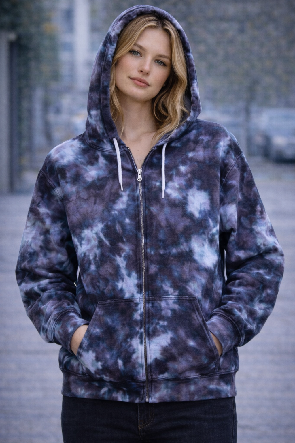 Person wearing a tie-dye hoodie in an urban setting. Snow Maiden Ice Dye Hoodie, Sweatshirt, Zip, Adult, Youth, Unisex, XS, S, M, L, XL, 2XL, 3XL, 4XL, 5XL, Dyed in the UK, Handmade to order