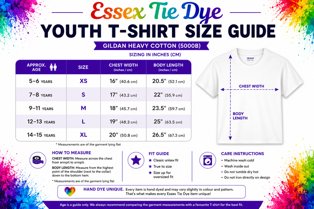 A size guide infographic for Esses Tie Dye youth t-shirts, showing a size chart table, fit guide icons, care instructions, and a white t-shirt with blue and yellow tie-dye patterns illustrating the chest and body length measurements.