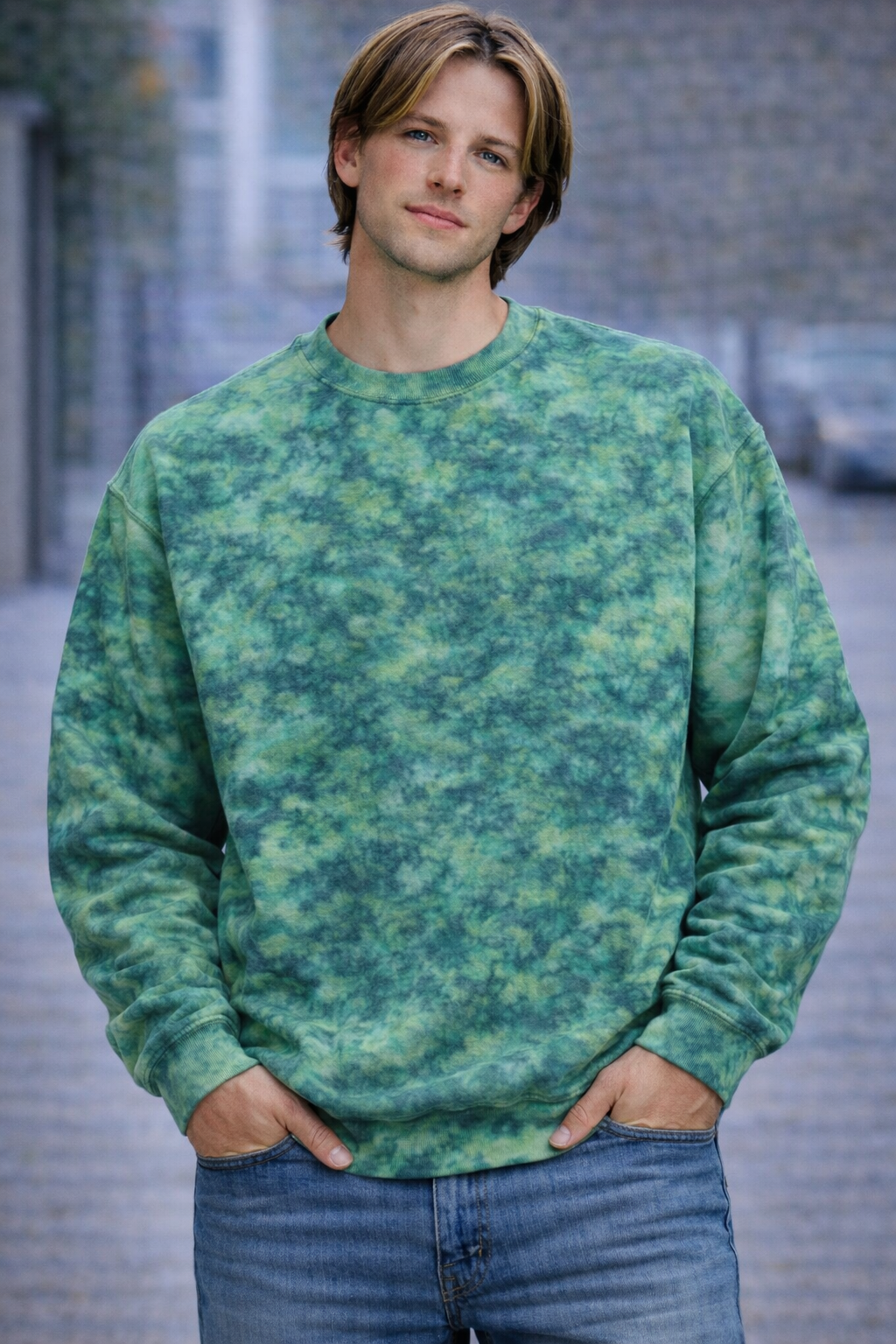 Person wearing a green tie-dye sweatshirt with a blurred background. Dragons Heart Ice Dye Hoodie, Sweatshirt, Hooded, Adult, Youth, Unisex, XS, S, M, L, XL, 2XL, 3XL, 4XL, 5XL, Dyed in UK, Handmade to order