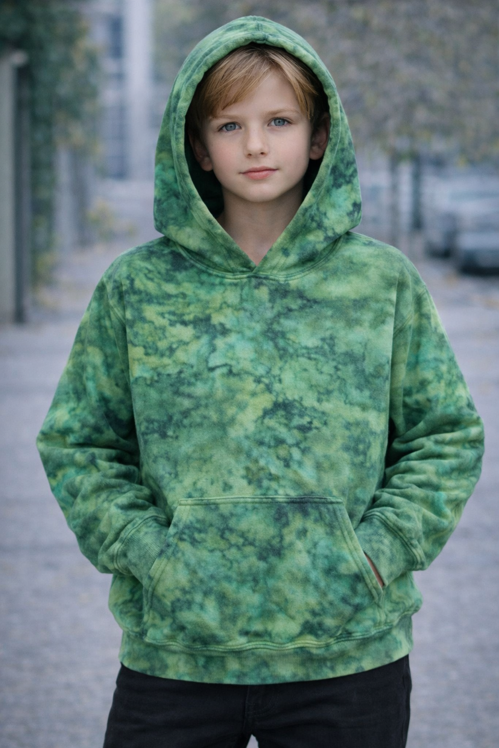 Child wearing a green tie-dye hoodie standing outdoors. Dragons Heart Ice Dye Hoodie, Sweatshirt, Hooded, Adult, Youth, Unisex, XS, S, M, L, XL, 2XL, 3XL, 4XL, 5XL, Dyed in UK, Handmade to order