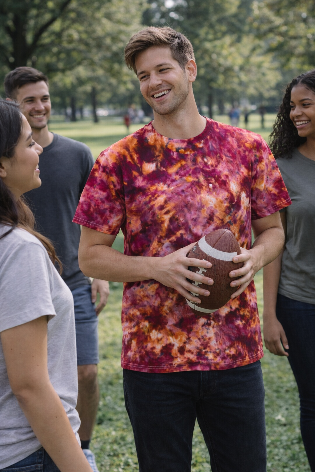Man holding a football wearing a tie-dye shirt among friends outdoors