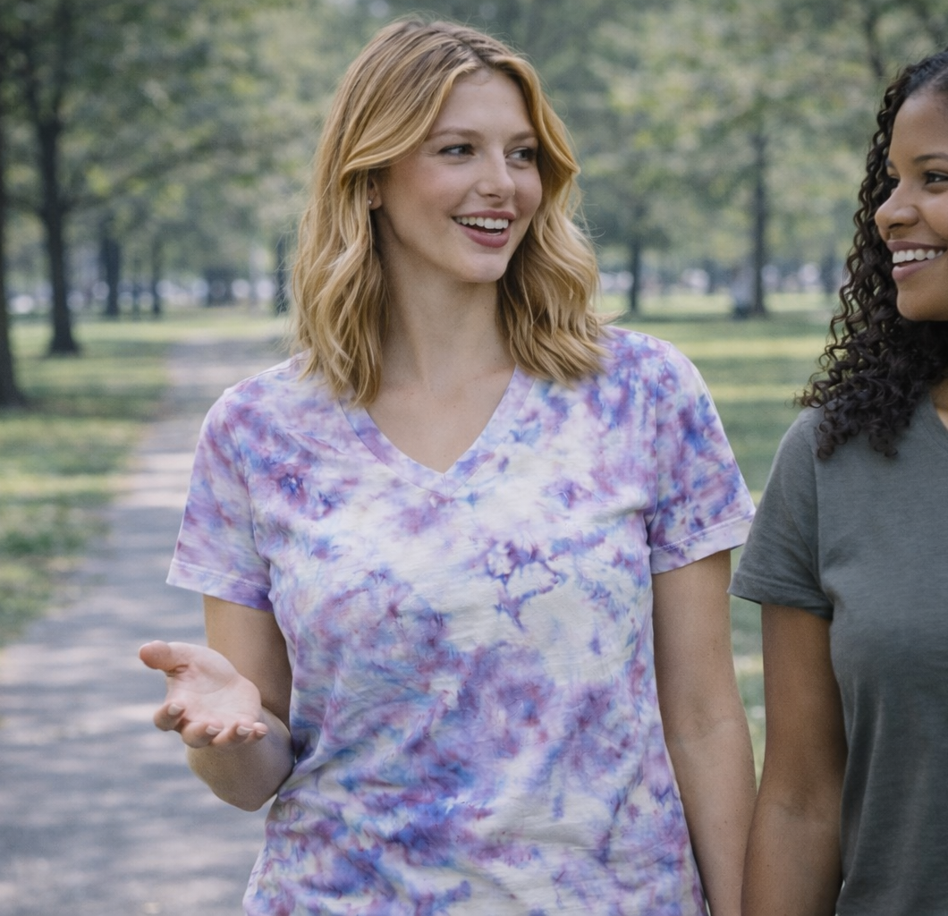 Two women standing outdoors on a path with trees in the background