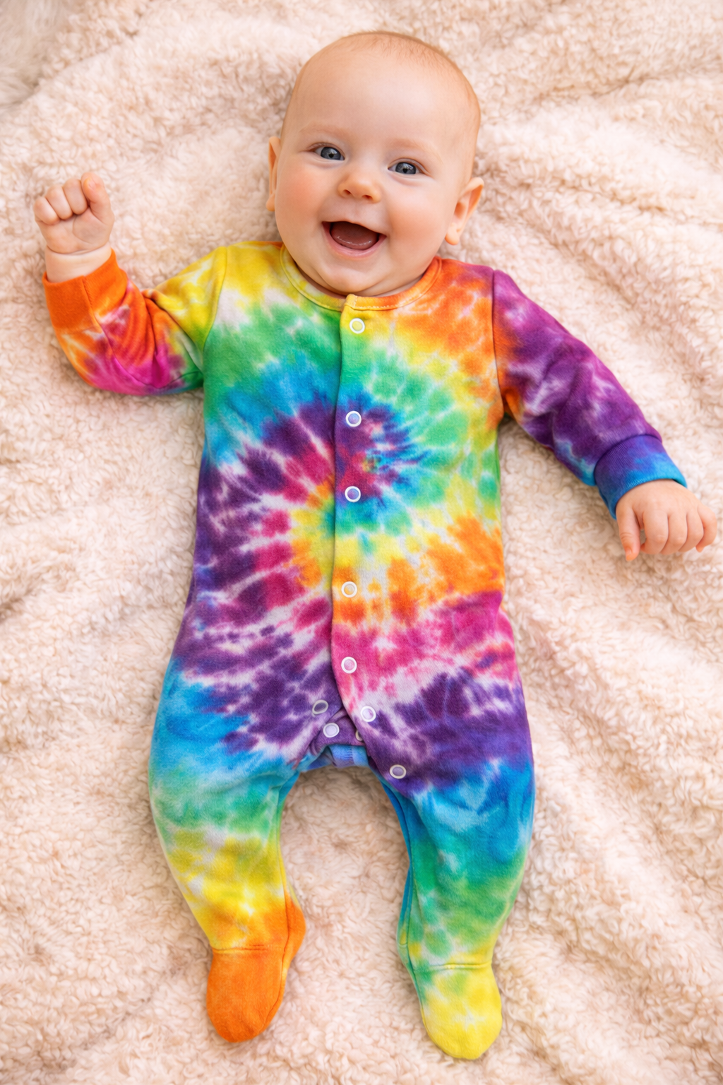 Baby wearing a colorful tie-dye onesie on a soft surface. Rainbow Spiral Baby Tie Dye Sleepsuit, 0-3, 3-6, 6-9, 9-12, 12-18, 18-24 months, Unisex, 100% Cotton, Handmade to order, dyed in the UK