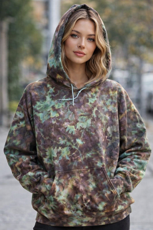 Person wearing a camouflage hoodie outdoors. Kaleidoscope Ice Dye Hoodie, Sweatshirt, Hooded, Adult, Youth, Unisex, XS, S, M, L, XL, 2XL, 3XL, 4XL, 5XL,Dyed in the UK, Handmade to order