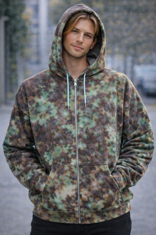 Person wearing a camouflage hoodie outdoors. Kaleidoscope Ice Dye Hoodie, Sweatshirt, Hooded, Adult, Youth, Unisex, XS, S, M, L, XL, 2XL, 3XL, 4XL, 5XL,Dyed in the UK, Handmade to order