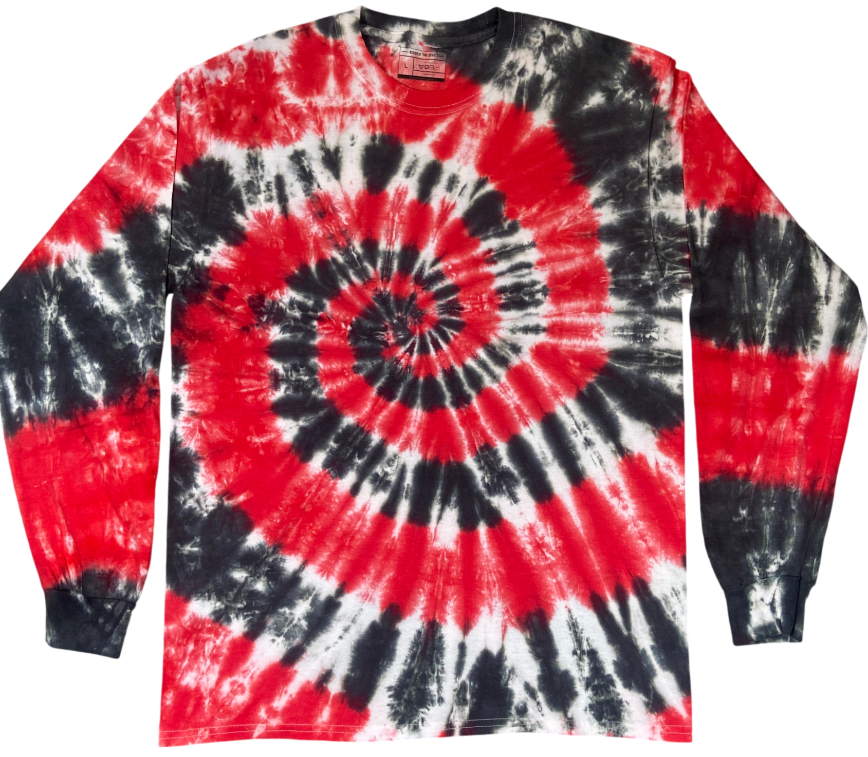A long-sleeve crewneck tie-dye shirt featuring a bold spiral pattern in red, black, and white, laid flat against a white background.