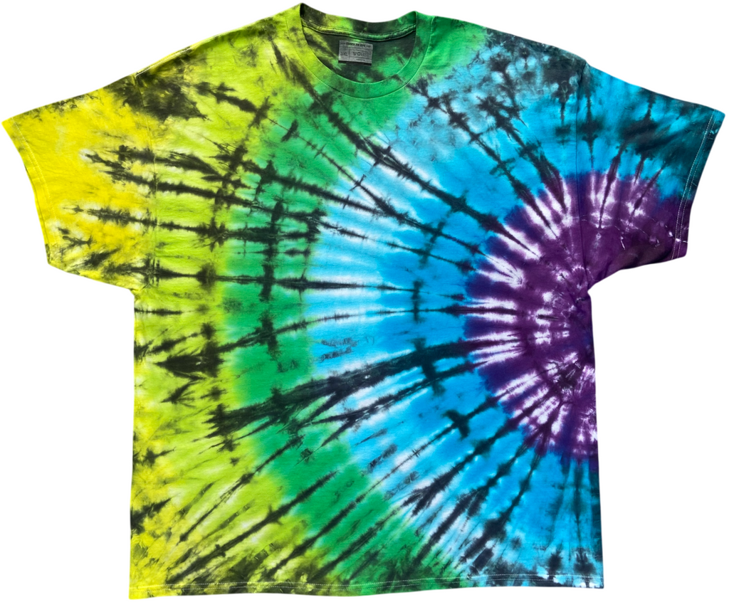 Close-up of Opal Star bright tie dye pattern in yellow, green, blue and purple
