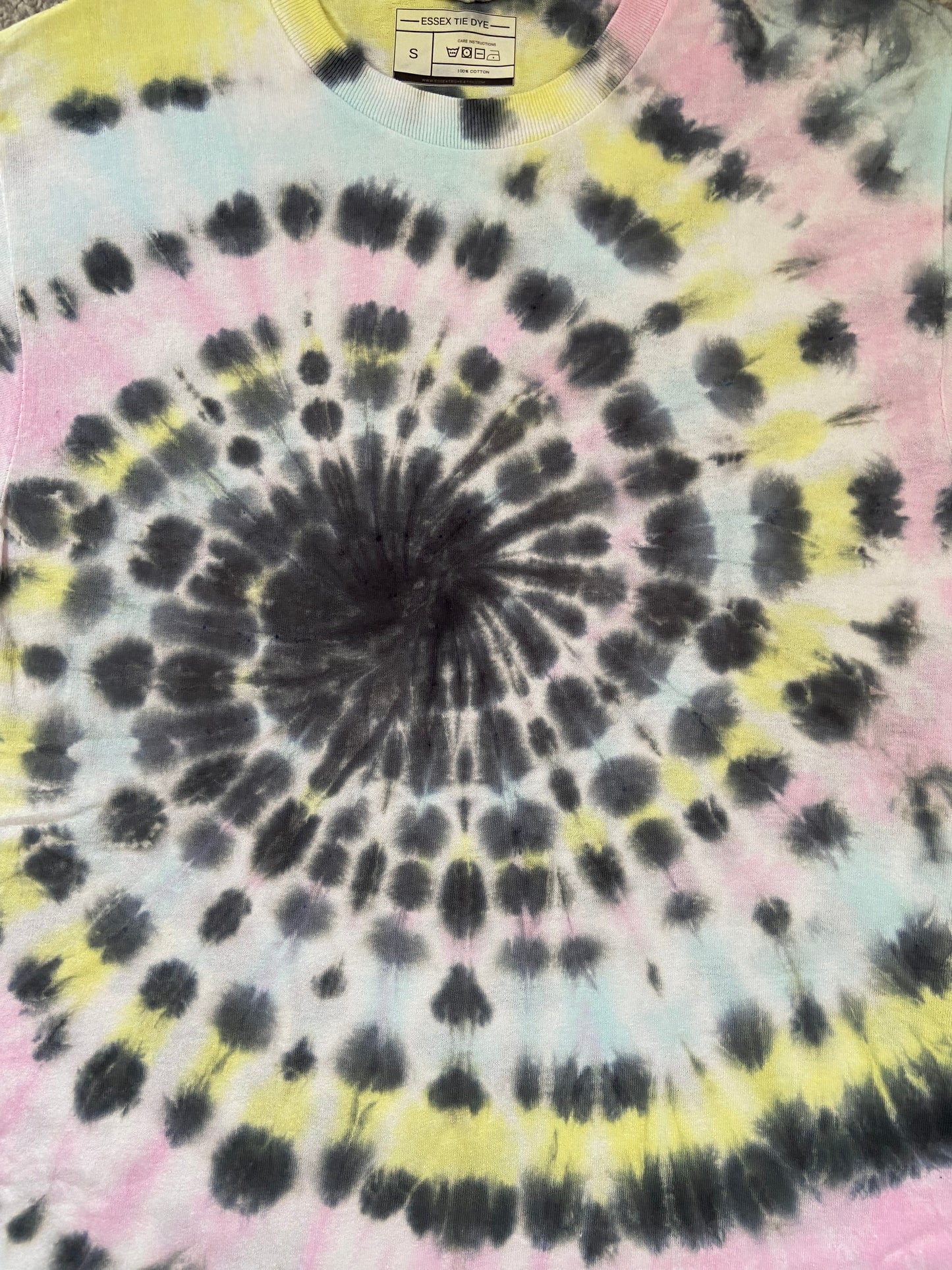 Summer Pastel Swirl with Black Spiral Tie Dye T-Shirt, Adult, Youth, Unisex, XS, S, M, L, XL, 2XL, 3XL, 4XL, 5XL, Dyed in the UK, Gift
