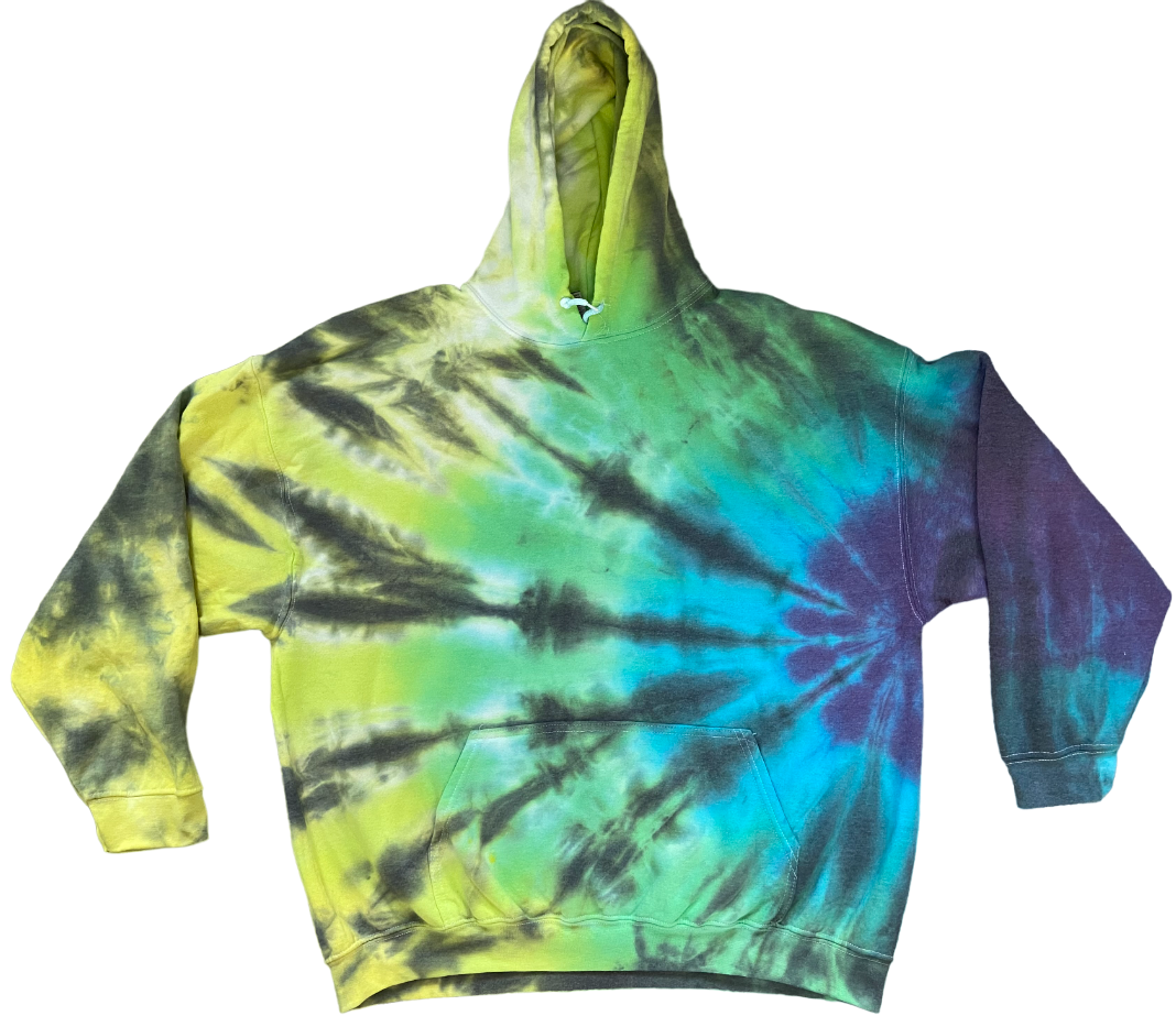 Tie-dye hoodie with green, blue, and black pattern on a white background. Opal Star Tie Dye Hoodie, Sweatshirt, Hooded, Adult, Youth, Unisex, XS, S, M, L, XL, 2XL, 3XL, 4XL, 5XL, Dyed in the UK, Handmade to order