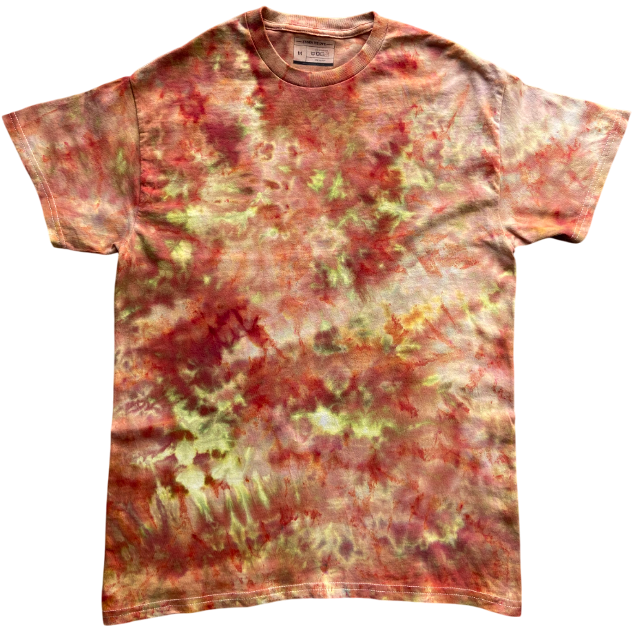 Tie-dye t-shirt with a multicolor pattern on a white background