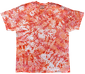 A short-sleeve crewneck t-shirt featuring an all-over tie-dye pattern in vibrant orange, red, and white, laid flat against a solid white background.