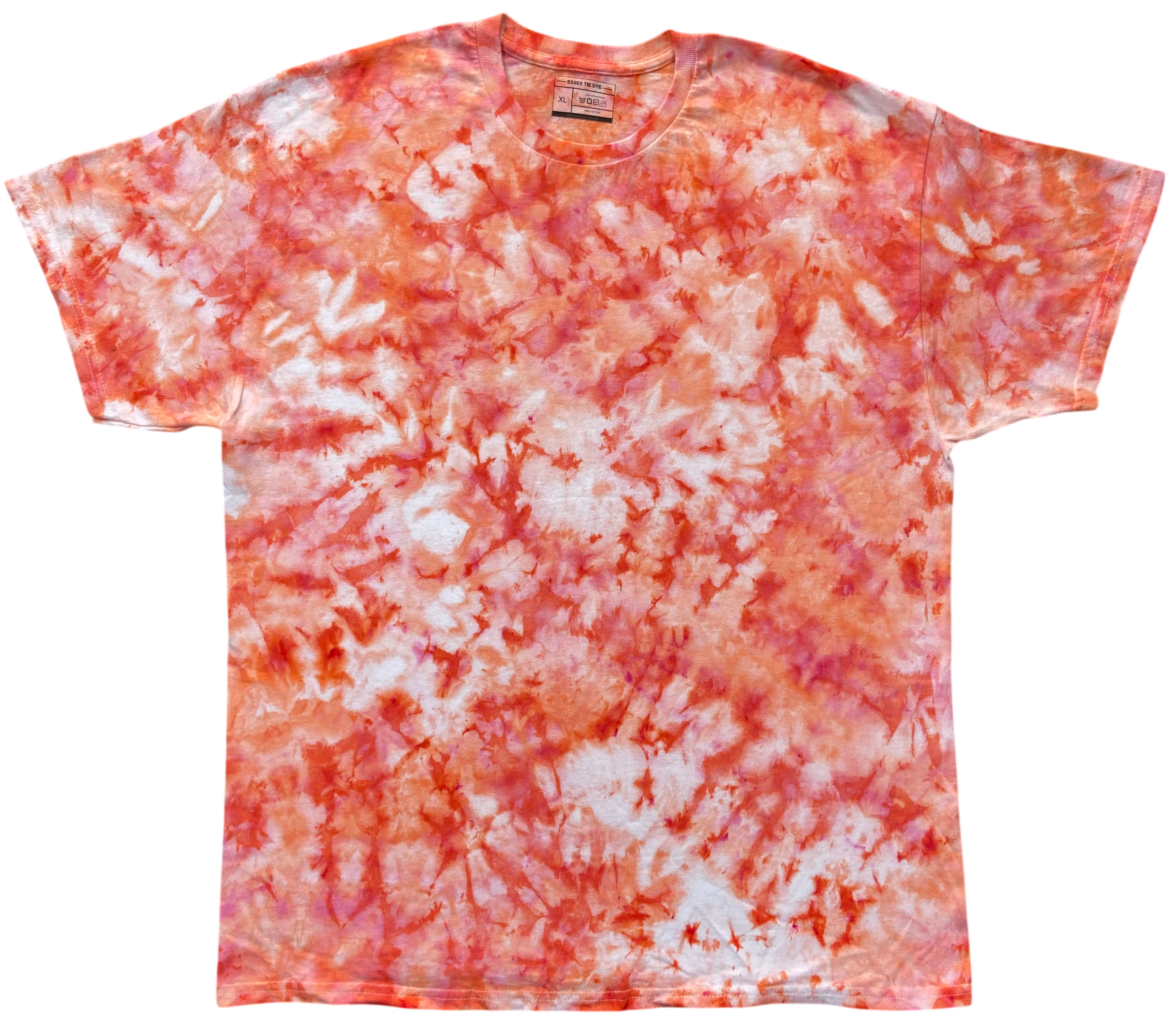 A short-sleeve crewneck t-shirt featuring an all-over tie-dye pattern in vibrant orange, red, and white, laid flat against a solid white background.