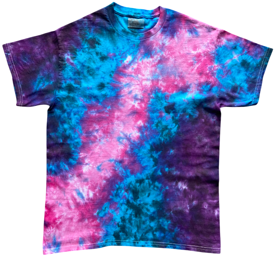 Tie-dye t-shirt with pink and blue patterns on a white background