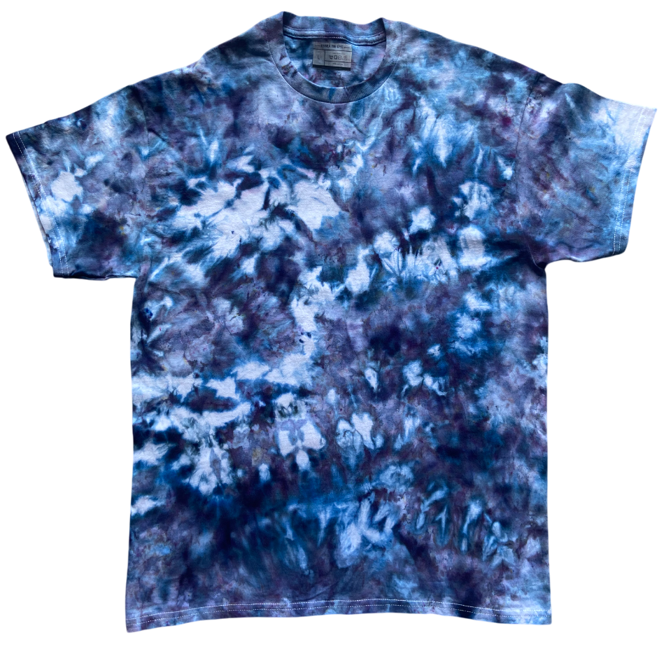 Blue and purple tie-dye t-shirt on a white background