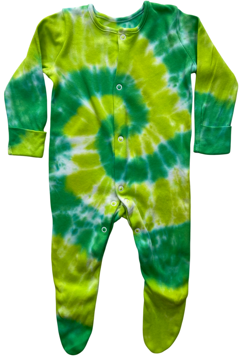 A baby long-sleeve footed sleeper with a green and yellow tie-dye spiral pattern, featuring snap closures down the front.
