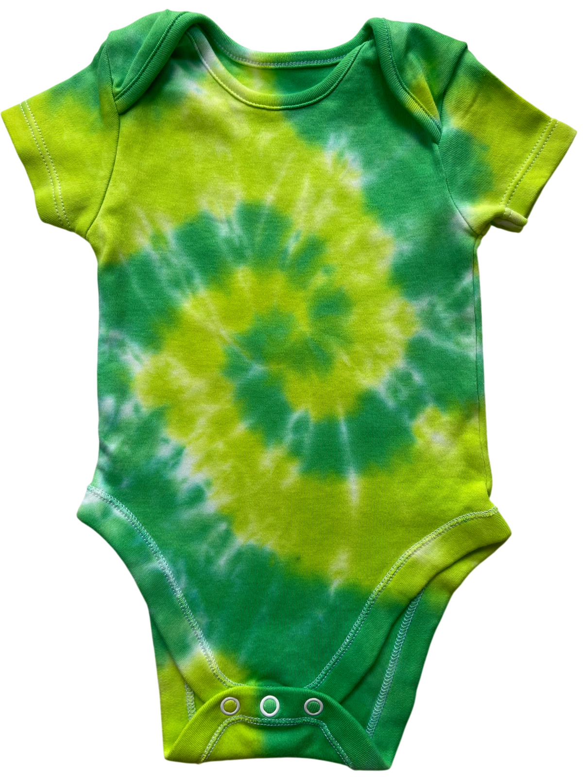 A short-sleeve baby bodysuit featuring a vibrant green and yellow tie-dye spiral pattern, with three silver metal snap buttons at the crotch, shown flat against a white background.