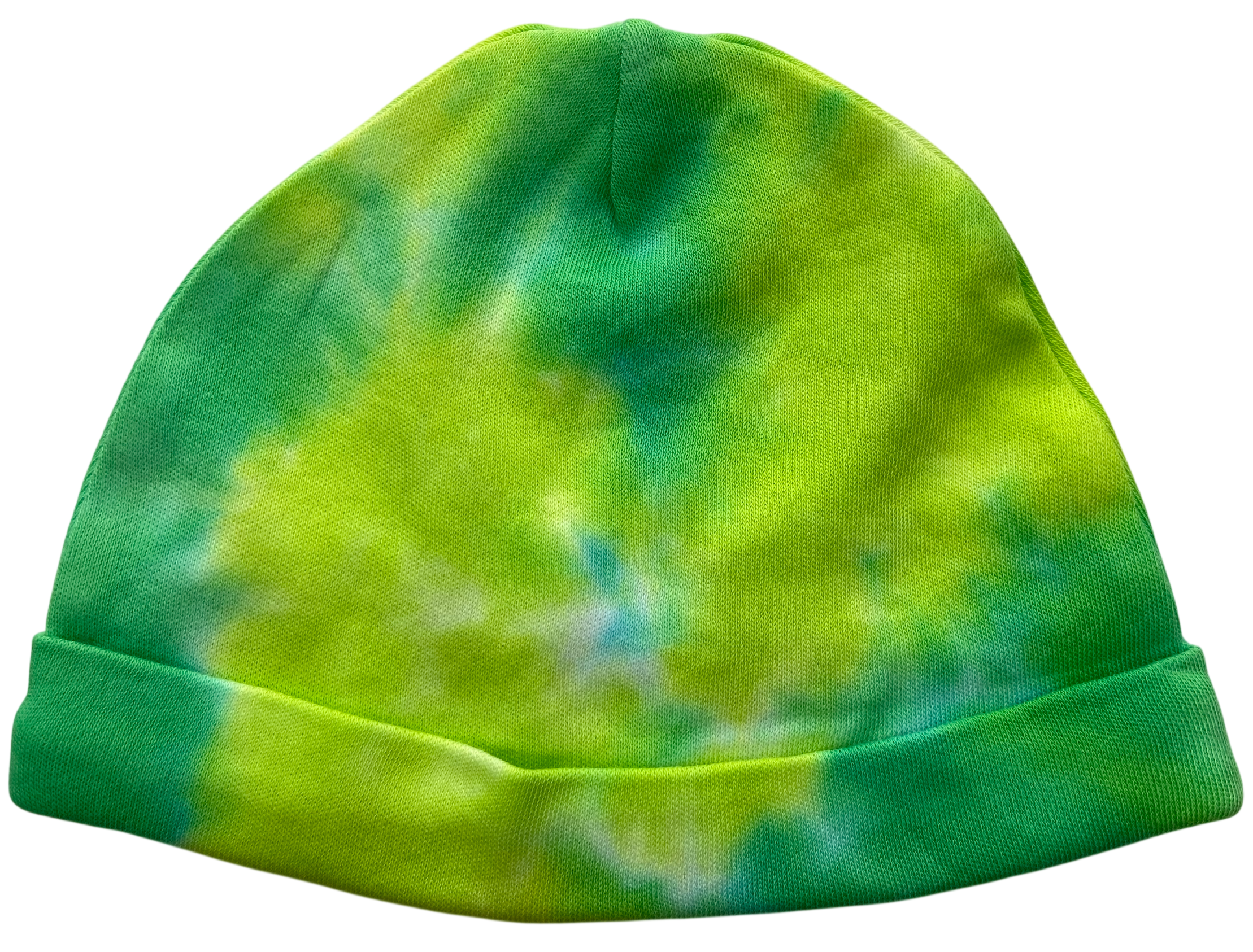 A green and yellow tie-dye knit beanie hat with a folded cuff, shown against a plain white background.