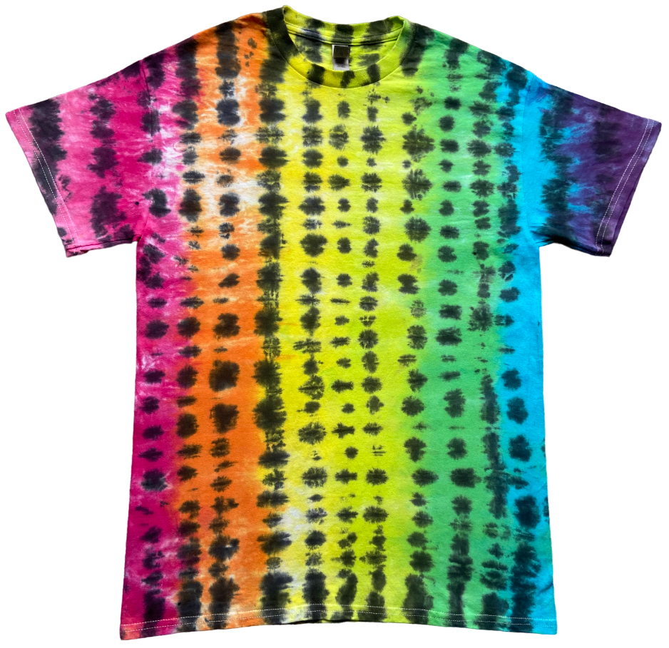 A short-sleeve crewneck tie-dye t-shirt featuring a vibrant rainbow gradient of pink, orange, yellow, green, blue, and purple, overlaid with vertical columns of black tie-dye dots.
