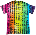 A short-sleeve crewneck tie-dye t-shirt featuring a vibrant rainbow gradient of pink, orange, yellow, green, blue, and purple, overlaid with vertical columns of black tie-dye dots.