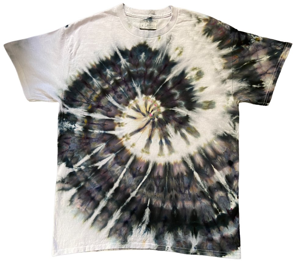 Tie-dye t-shirt with a spiral pattern on a white background