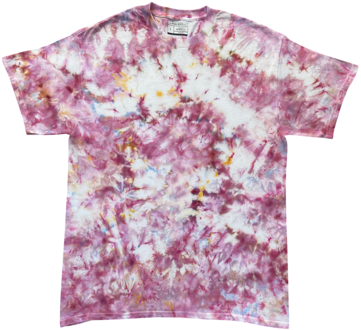 Powder Pink Ice Scrunch tie dye T-shirt in soft pink, dusty rose and white with subtle blue and yellow accents, featuring a hand dyed scrunch pattern on a white background.
