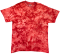 Atomic Fireball Ice Scrunch tie dye T-shirt in fiery red, coral and orange tones with lighter highlights, featuring a hand dyed scrunch pattern on a white background.