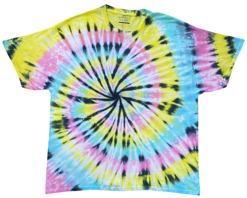 Summer pastel spiral tie dye T-shirt in yellow, pink and blue with a bold black spiral pattern, hand dyed in the UK by Essex Tie Dye.