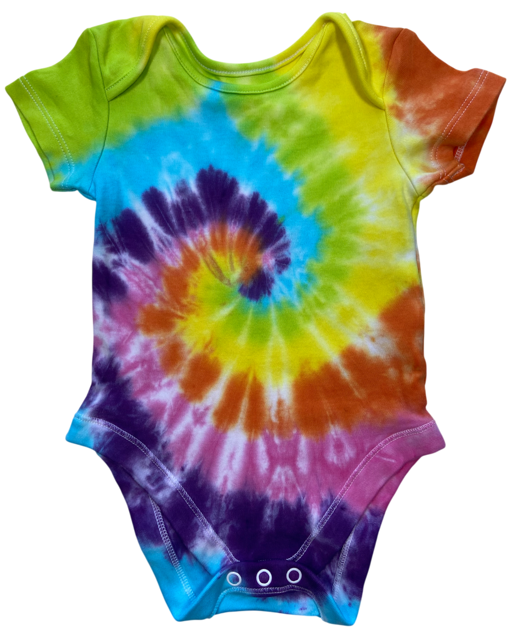 Rainbow spiral tie dye baby vest in bright blue, green, yellow, orange and purple, hand dyed in the UK by Essex Tie Dye.