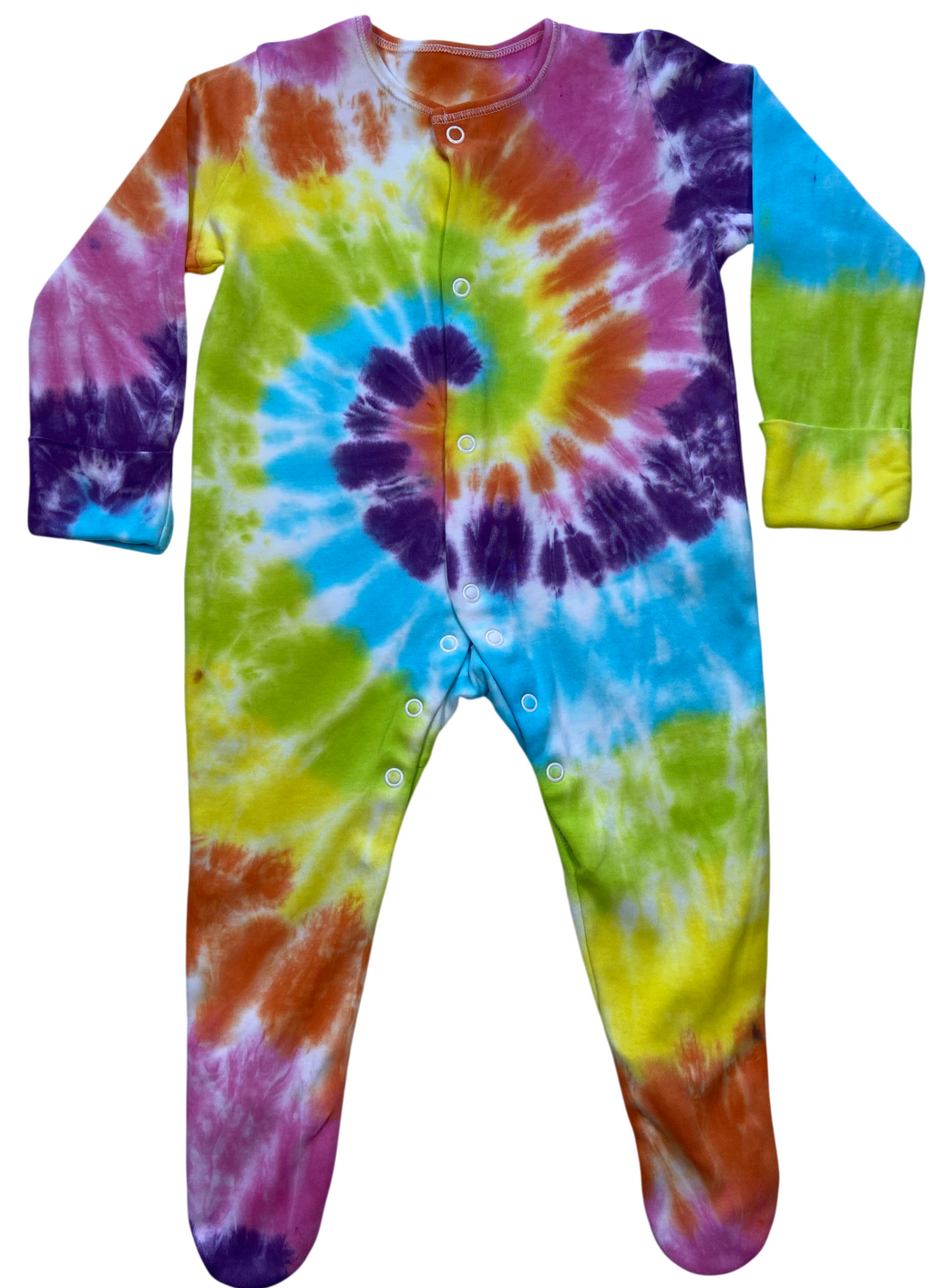 Rainbow spiral tie dye baby sleepsuit in bright blue, green, yellow, orange and purple, hand dyed in the UK by Essex Tie Dye.