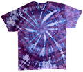 Tie-dye t-shirt with a purple and blue spiral pattern on a white background