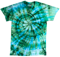 Tie-dye t-shirt with green and blue spiral pattern on a white background