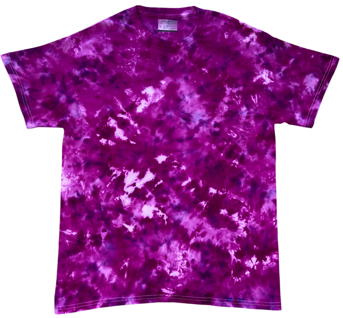 Magenta Galactica Ice Scrunch tie dye T-shirt in vibrant magenta, purple and white with a hand dyed scrunch pattern on a plain background.