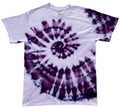 Tie-dye t-shirt with a purple and white spiral pattern on a plain background