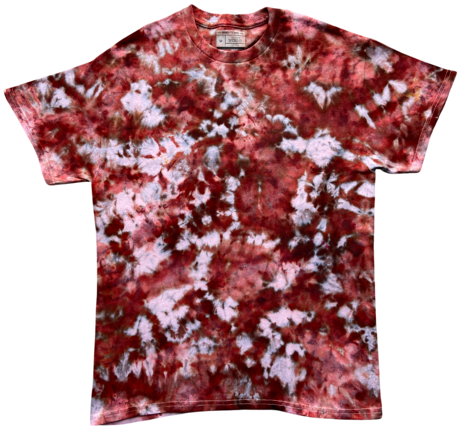 Tie-dye t-shirt with red and white pattern on a white background
