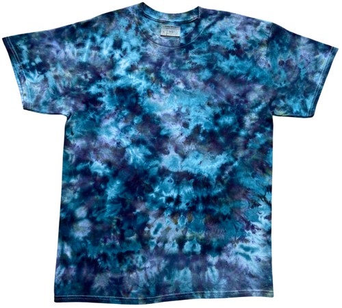 Blue and purple tie-dye t-shirt on a white background