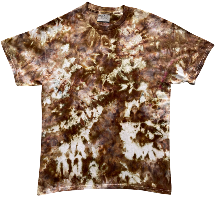Tie-dye t-shirt with brown and white pattern on a white background