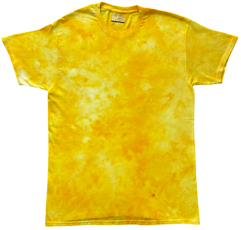 Bright Yellow Ice Scrunch tie dye T-shirt in vibrant golden yellow and lighter yellow tones, featuring a soft hand dyed scrunch pattern on a white background.