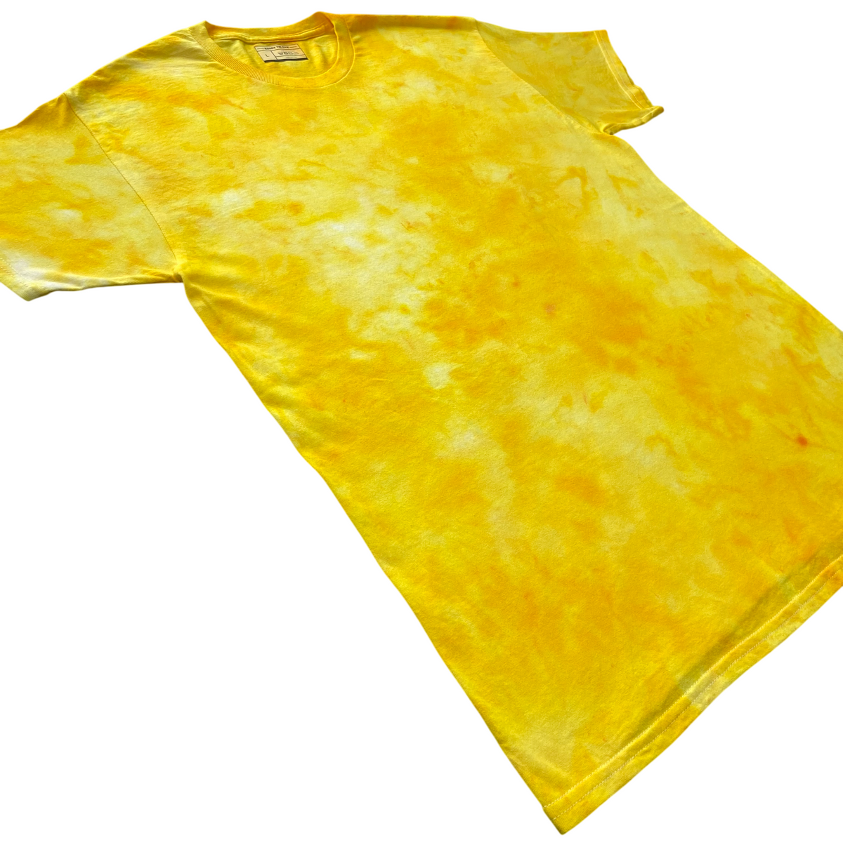 Angled view of the Bright Yellow Ice Scrunch tie dye T-shirt in vibrant golden yellow and lighter yellow tones, showing the hand dyed scrunch pattern on a white background.