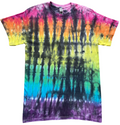 A short-sleeve crewneck t-shirt featuring a vibrant rainbow tie-dye pattern with vertical streaks of pink, orange, yellow, green, blue, and purple on a white background.