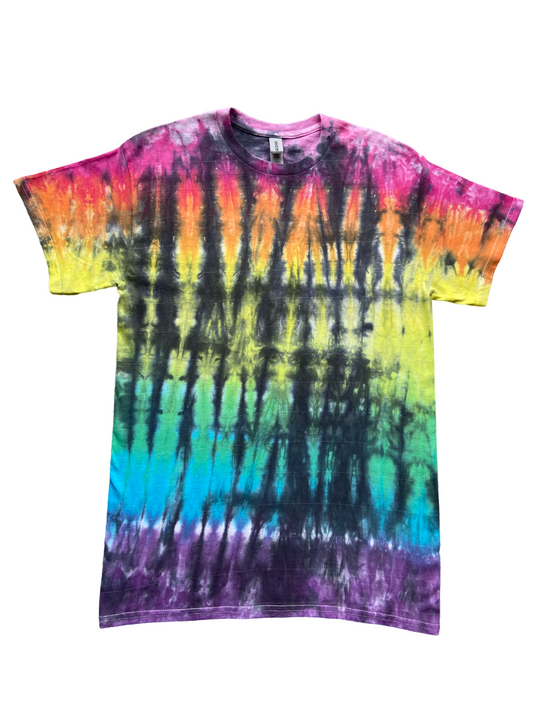 Horizontal Multicolour Stripe with Black Tie Dye T-Shirt, Adult, S, M, L, XL, 2XL, 3XL, 4XL, 5XL, Dyed in the UK, Gift