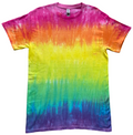 A short-sleeve crewneck tie-dye t-shirt featuring a vibrant rainbow gradient pattern transitioning from magenta and orange at the top, through yellow and green, to blue and purple at the bottom, displayed flat against a white background.