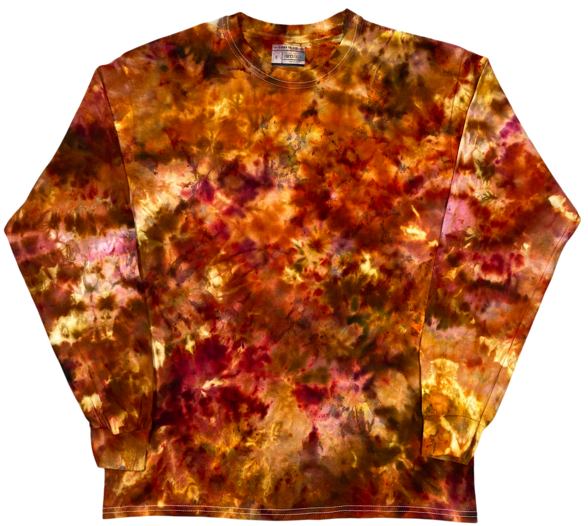 Firestone Ice Scrunch tie-dye sweatshirt featuring burnt orange, amber, golden yellow and deep brown marbled patterns, individually hand dyed in the UK.