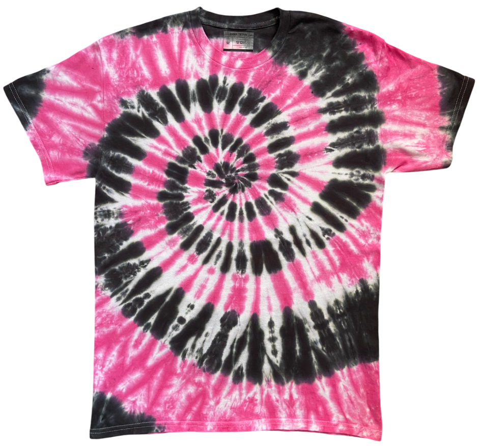 A short-sleeve crewneck tie-dye t-shirt featuring a spiral pattern in vibrant hot pink, black, and white, displayed flat against a solid white background.