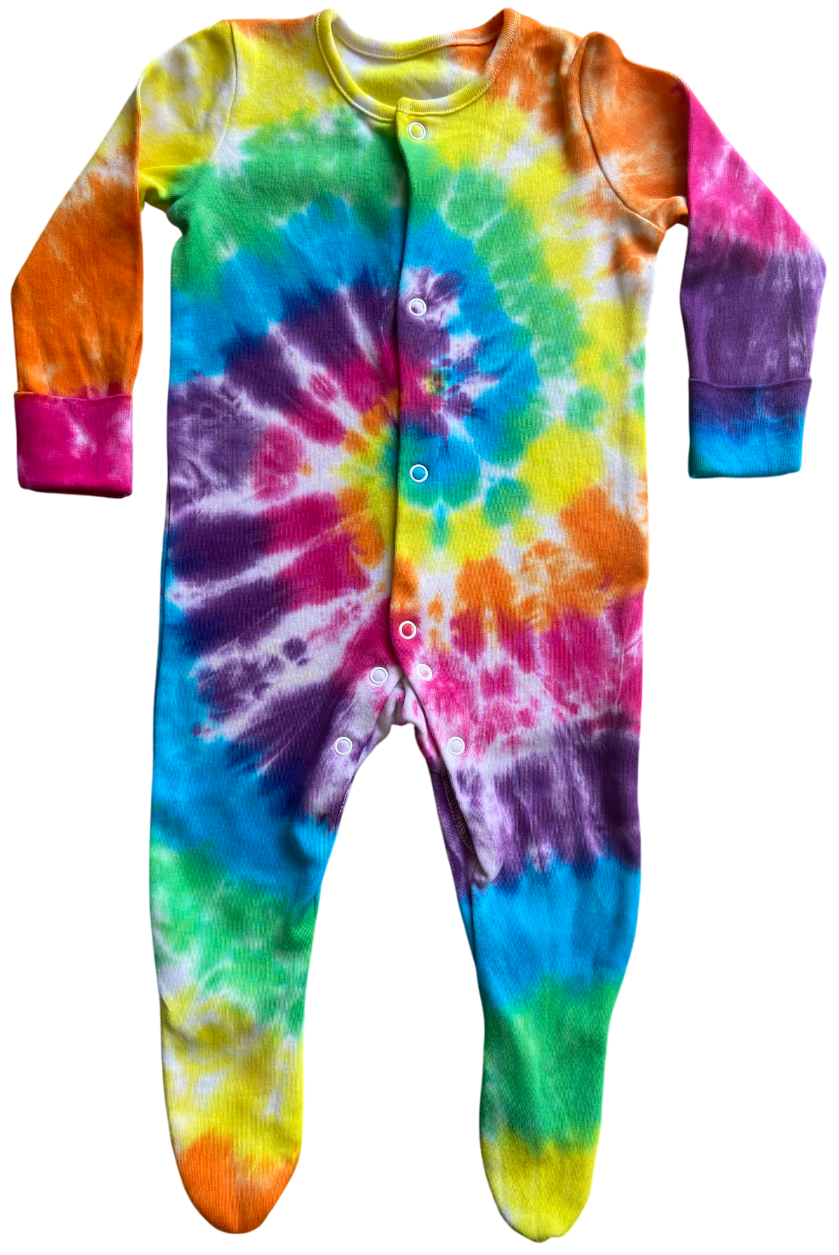 Colorful tie-dye baby onesie with long sleeves and legs on a white background. Rainbow Spiral Baby Tie Dye Sleepsuit, 0-3, 3-6, 6-9, 9-12, 12-18, 18-24 months, Unisex, 100% Cotton, Handmade to order, dyed in the UK